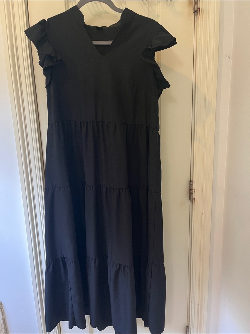 SHEIN Black Tiered V-Neck Ruffle Sleeve Dress